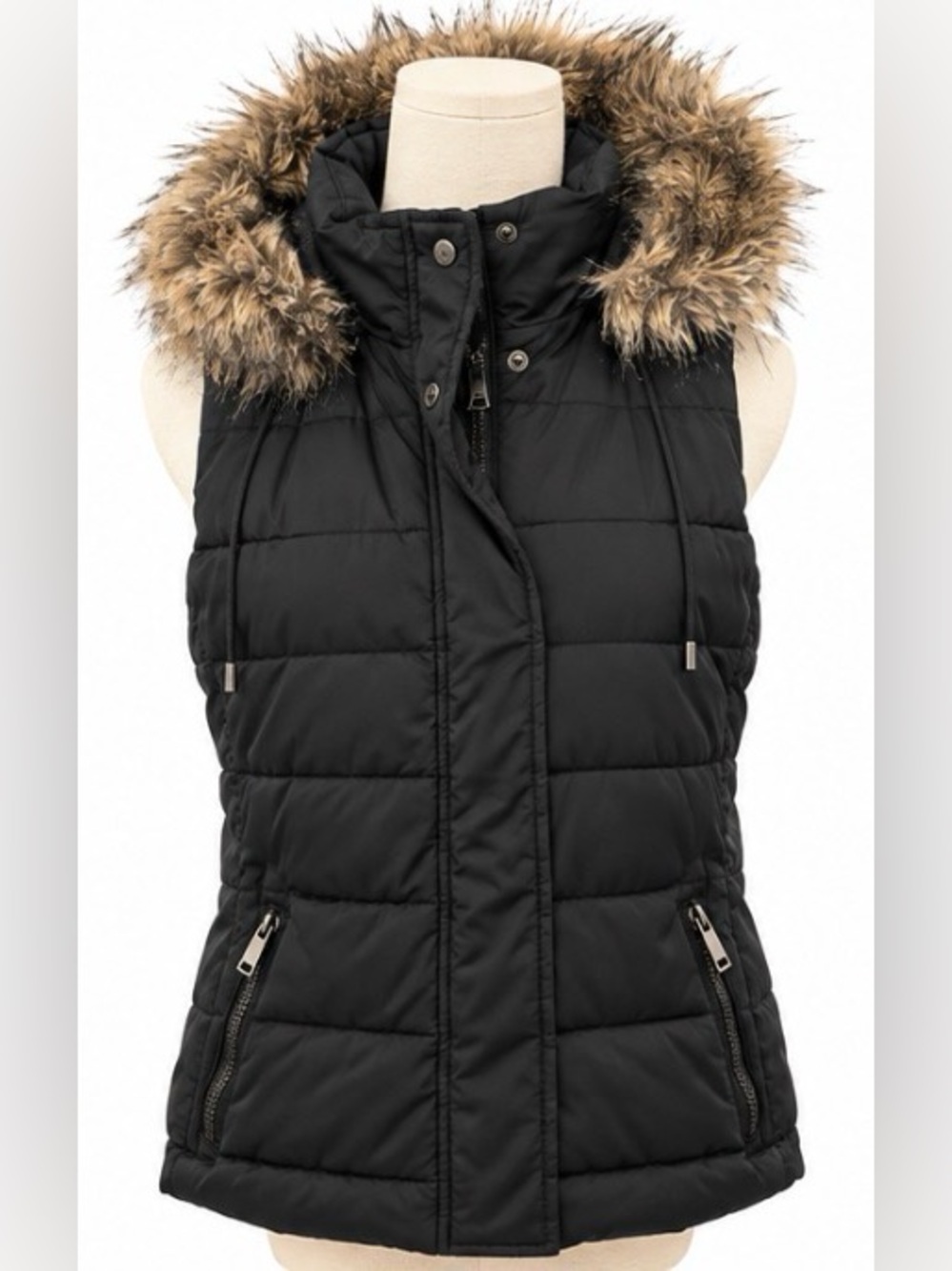 Banana Republic Black Hooded Puffer Vest Faux Fur Sherpa Lined Petite M